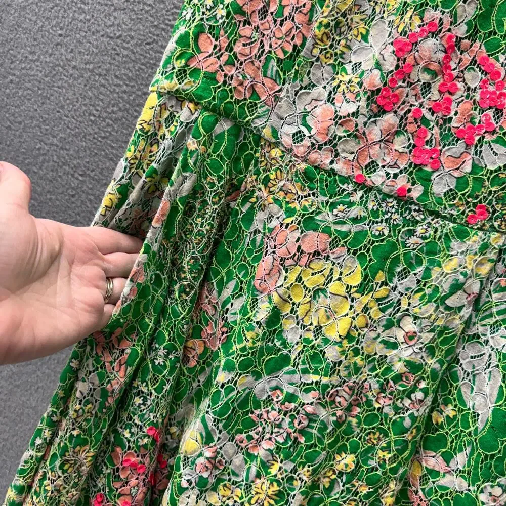 Maeve Verbena Dress Lace Overlay Sequins Green Pink Zip Up‎ Womens 4 Mini